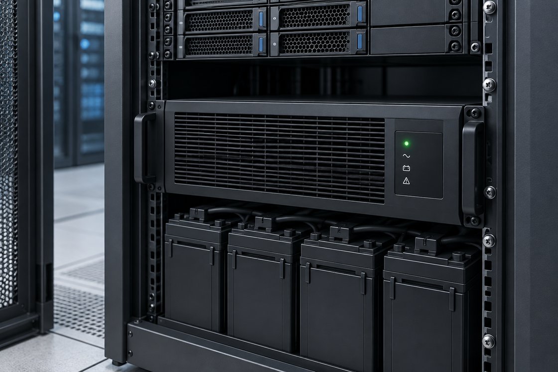 Nobreak montado na parte inferior de um rack de servidores