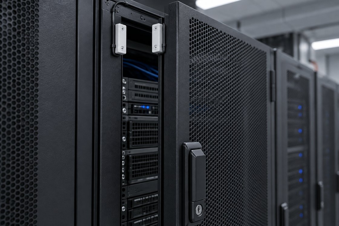Contato magnético instalado no encontro entre a porta e a estrutura de um rack