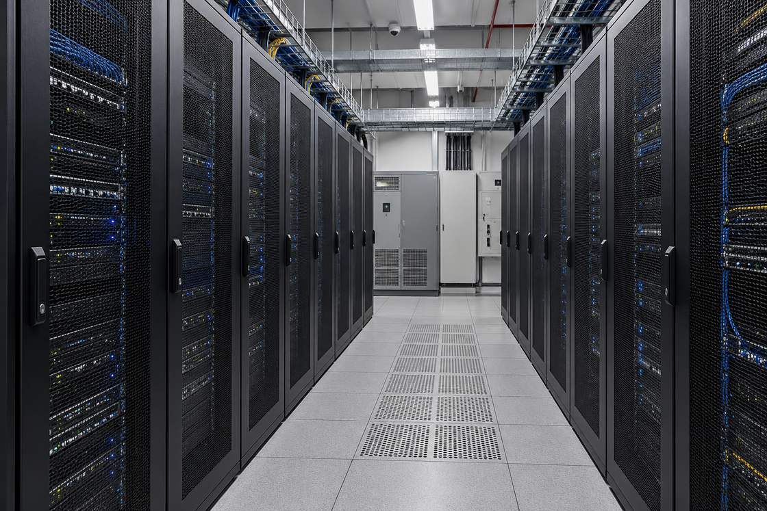 Corredor de sala de servidores com racks fechados e infraestrutura organizada