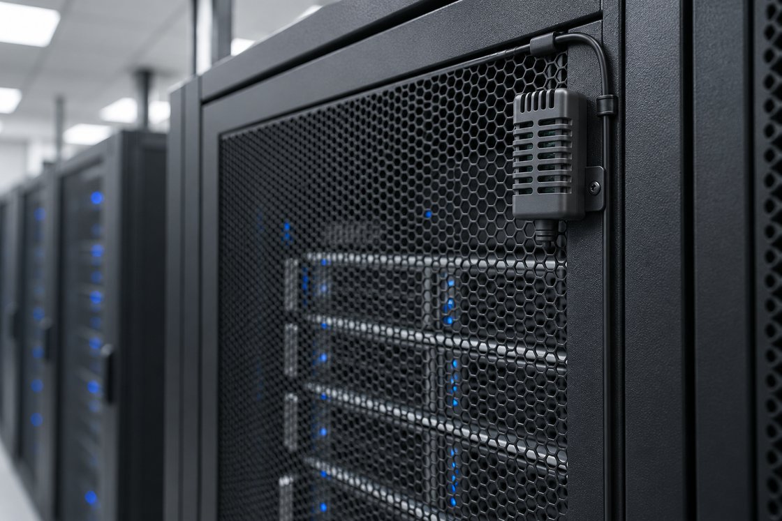Sensor de temperatura e umidade instalado na entrada de ar de um rack